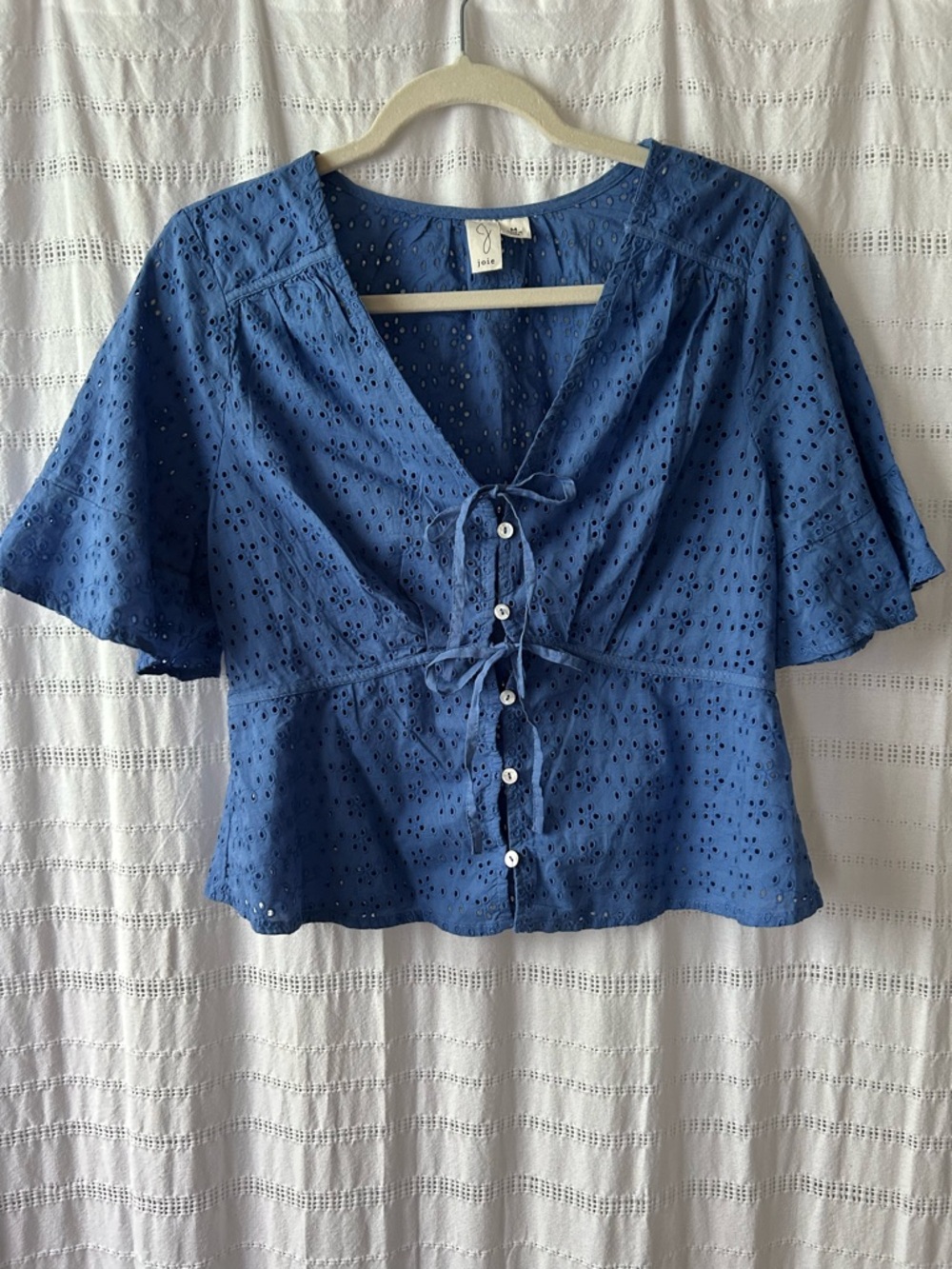 Joie Blue Eyelet Tie-Front Peplum Cotton Blouse